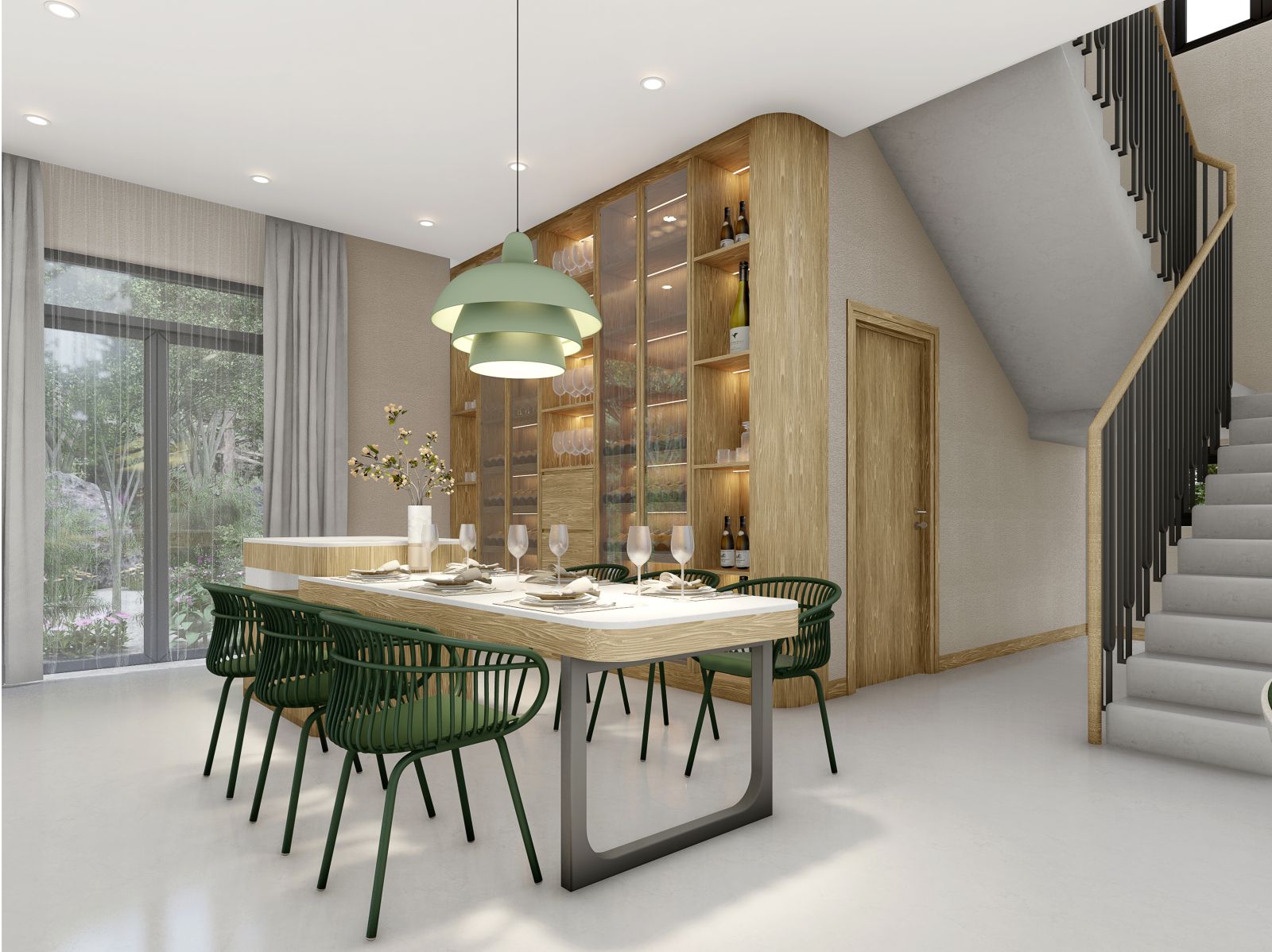 Hệ tủ rượu âm tường với đèn hắt tạo điểm nhấn sang trọng cho không gian sinh hoạt.